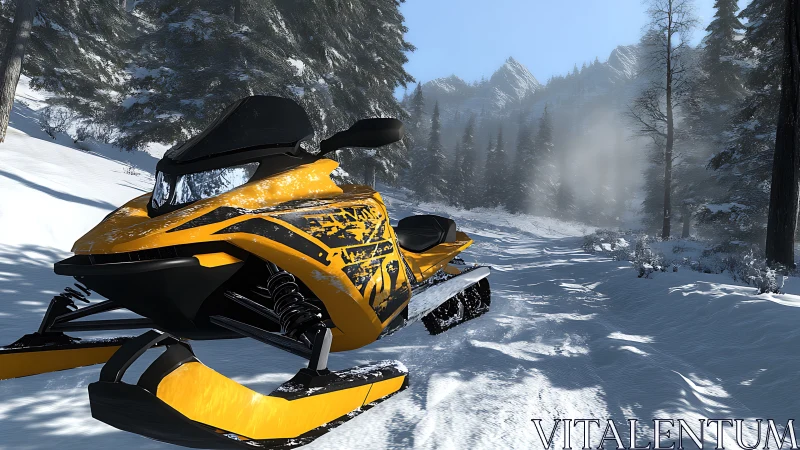 Yellow and black snowmobile positioned in snowy mountain terrain with coniferous forest.