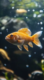 Goldfish close-up in deep blue aquarium water environment.
