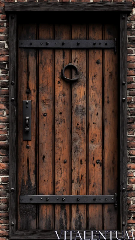 Weathered wooden door with iron hardware against brick wall