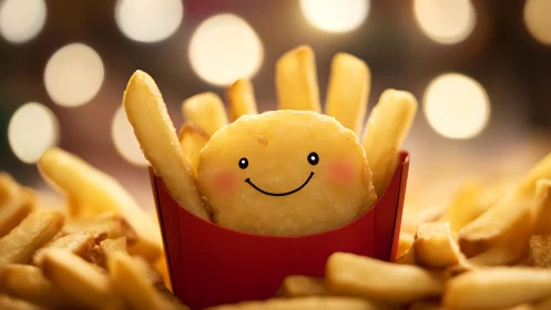 Smiling potato friend in a golden forest of fries.