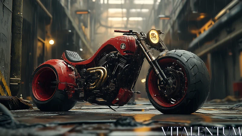 Custom red motorcycle with wide tires in industrial alley.