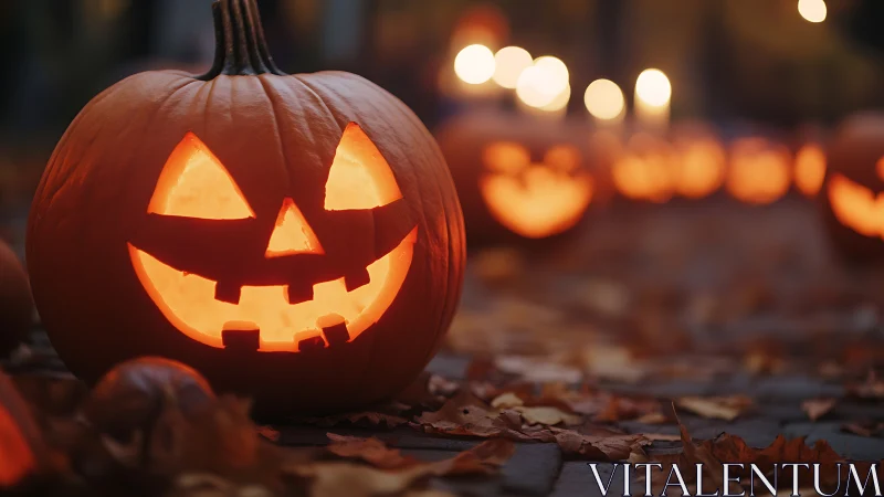 Glowing jack o lantern dominates candlelit autumn path.