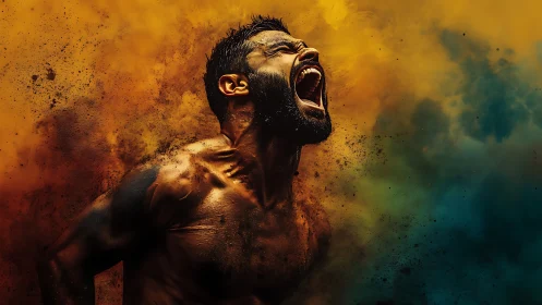Shirtless man shouting amid dense orange and teal dust clouds.