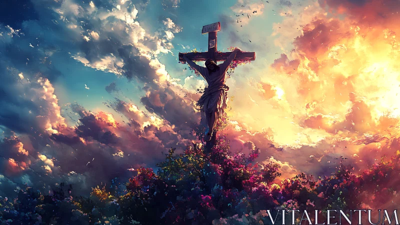 Crucifix silhouette above dense flowers under luminous clouds.