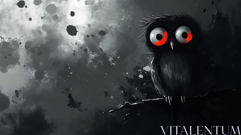 Moon-splattered night owl with ember-bright cartoon eyes.