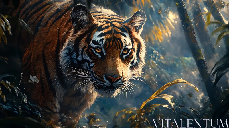 Golden-eyed tiger walks softly through a misty forest dream
