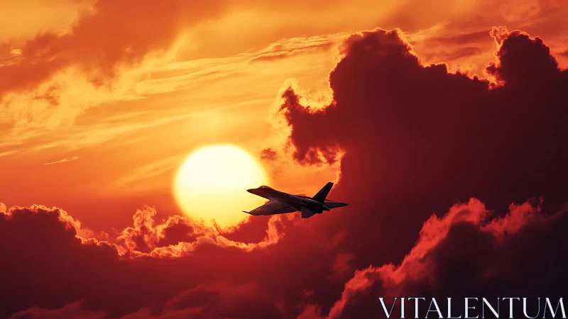 Supersonic jet silhouette against radiant stratocumulus sunset