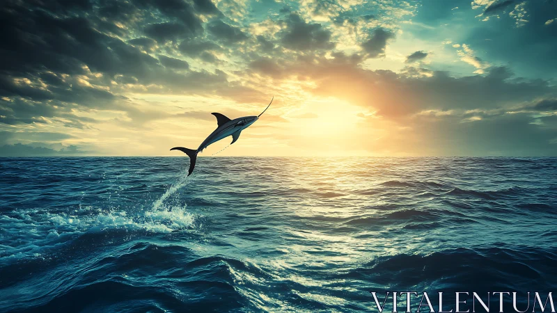 Swordfish arcing over sunlit ocean at cinematic sunset.