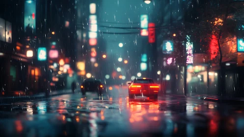 Neon city street in heavy rain with glowing car lights.
