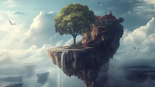 Floating Island Fortress with Waterfall in Luminous Cloudscape