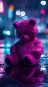 Neon rainstorm cradles a lonely magenta teddy bear dream.