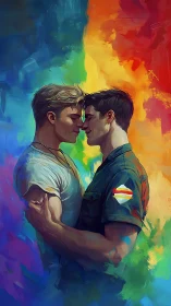 Two Figures in Intimate Embrace with Dynamic Rainbow Gradient Abstraction