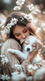 Girl with Floral Crown Embraces Sleeping Puppy