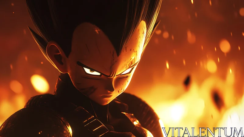 Armored anime warrior close-up amid intense fire glow.