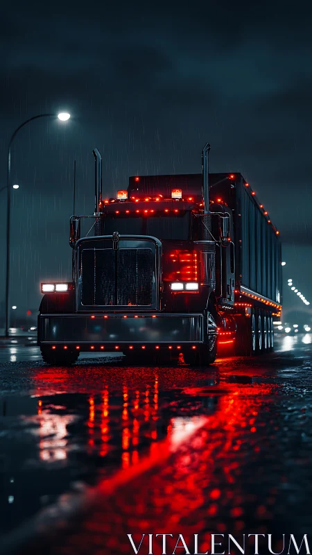 Midnight semi truck burns neon red through wet city street.