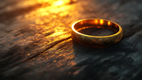 Gold ring rests on weathered wood under warm sunset light