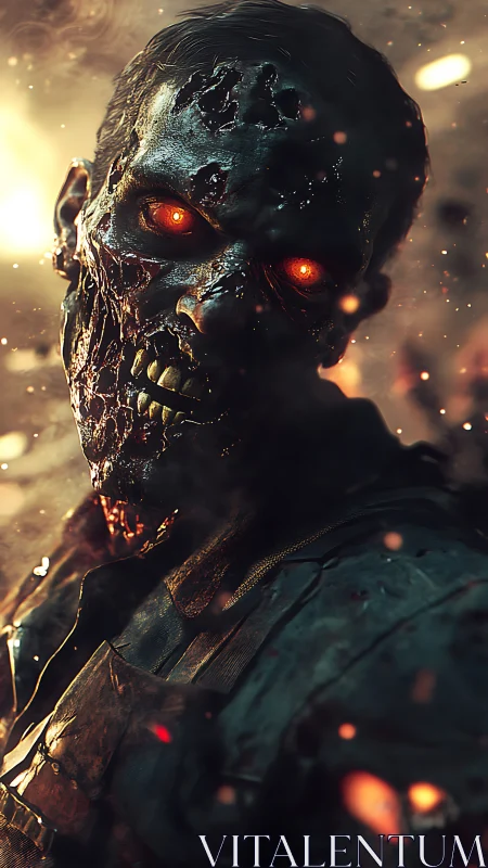 Charred undead figure with glowing eyes in burning scene.