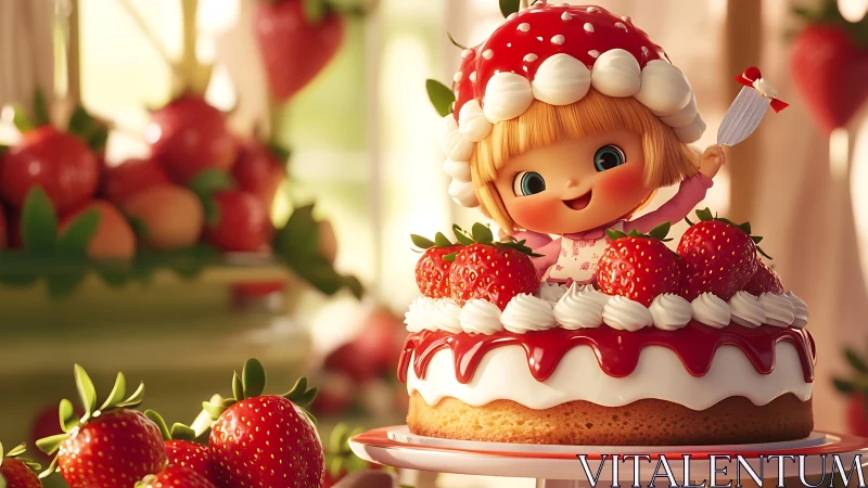 Strawberry-Adorned Animated Character Figure atop Multilayered Cake Construct
