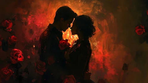 A Passionate Moment: Love Ignited in Flames and Roses.