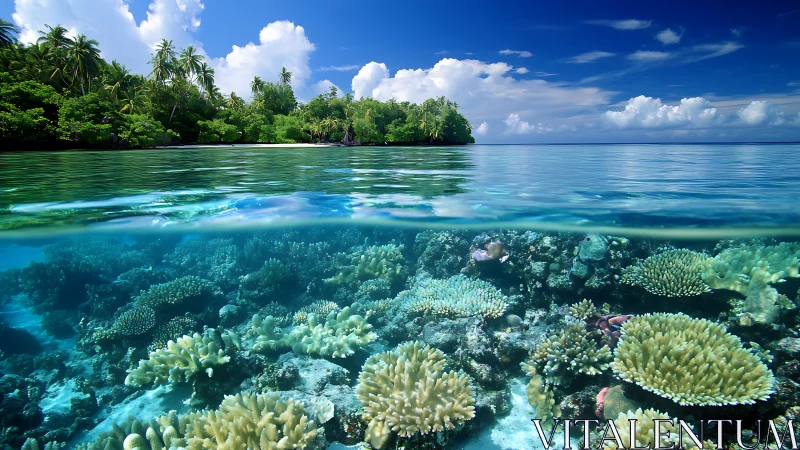 Tropical island shoreline with clear reef water split view.