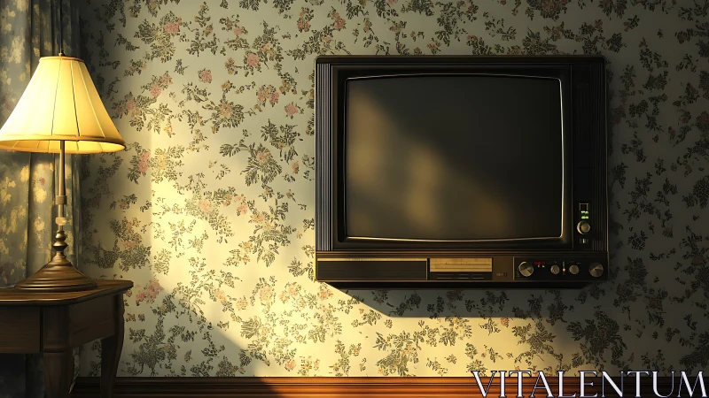 Vintage wall-mounted CRT television in warm lamplight glow.