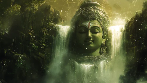 Colossal verdant deity head emerging through misted falls.
