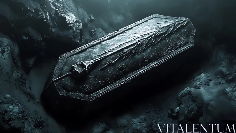 Ancient stone sarcophagus with embedded sword in ice cavern.