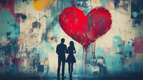 Silhouetted figures positioned beneath large red heart form against textured abstract background.