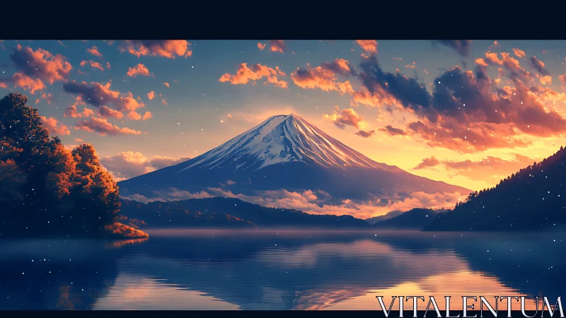 Snow-capped volcanic mountain over lake at sunset horizon.