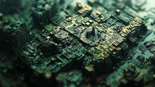 Futuristic micro cityscape renders metallic fractal terrain