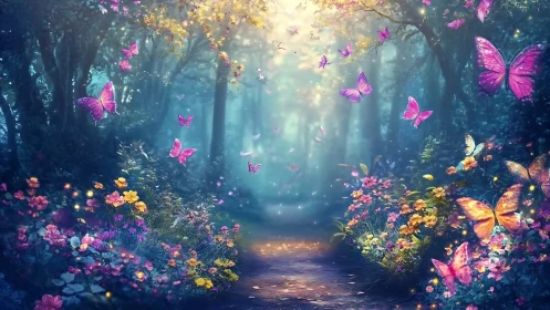 Enchanted forest path filled with glowing butterflies at dusk.