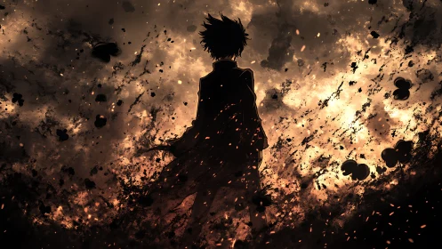 Silhouette in ember skies walking through swirling ash dreams.