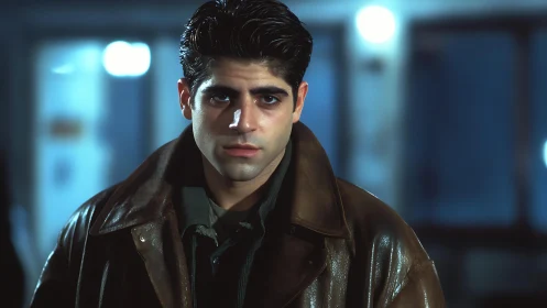 Young man in leather coat under cool ambient lighting.