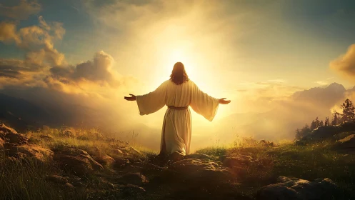 Sunlit figure welcoming dawn on a glowing mountain ridge.