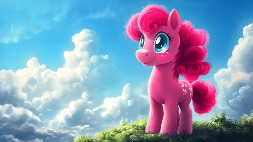 Vibrant pink cartoon pony under expansive summer clouds.