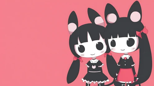 Kawaii cat girl duo on flat pink minimalist backdrop.