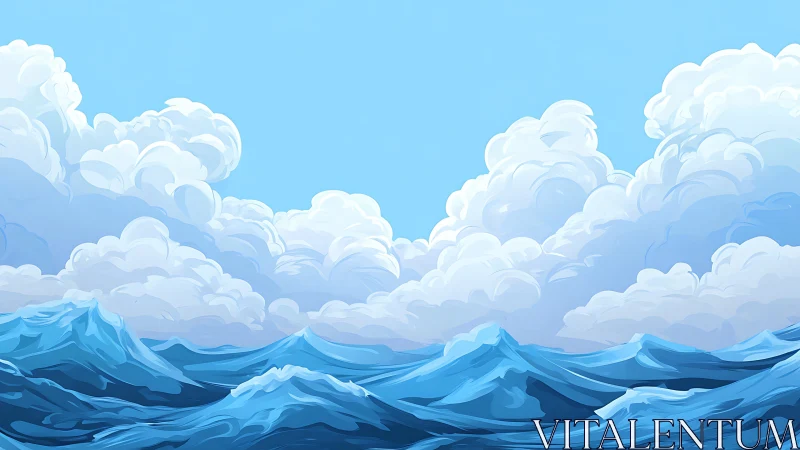 Vector-rendered ocean wavefield under cumuliform cloud deck.