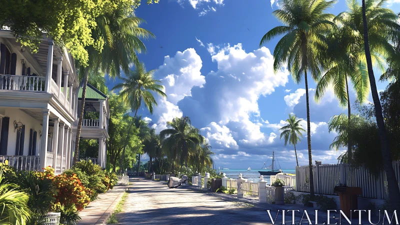 Sunlit tropical seaside street overlooks calm blue harbor