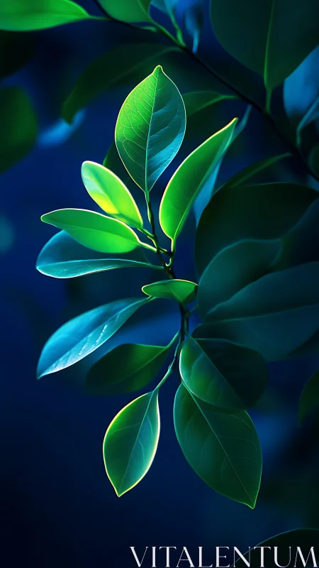 Green leaves glowing against deep blue background at night