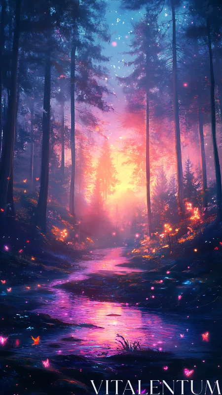Enchanted forest stream glows under radiant twilight sky