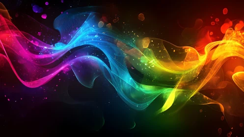Colorful light waves flow across a dark digital background