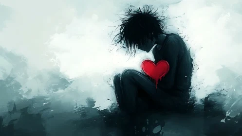 Shadowed dreamer cradling a bleeding neon heart in fog.