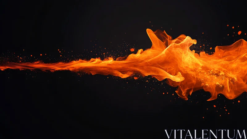 Fire stream expanding horizontally against dark background with particle dispersion.