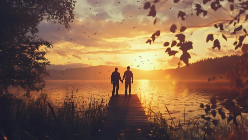 Silhouetted couple on lakeside pier at radiant golden sunset.