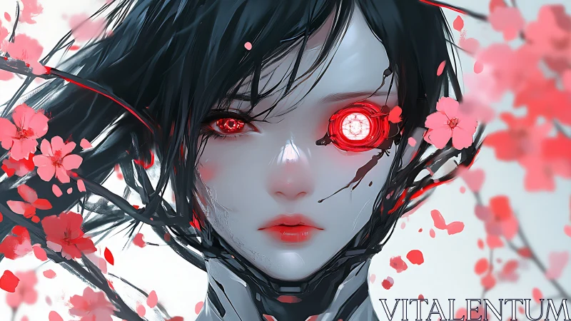 Cyborg girl portrait with red eye and cherry blossoms.