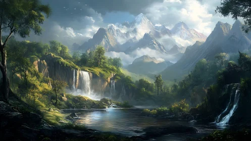 Misty mountain valley with cascading waterfalls at sunrise.