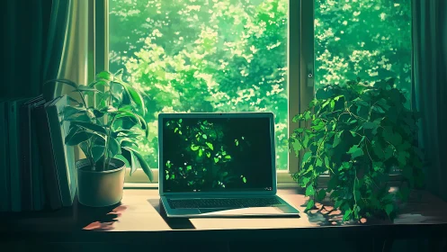 Sunlit laptop workspace framed by lush green houseplants.