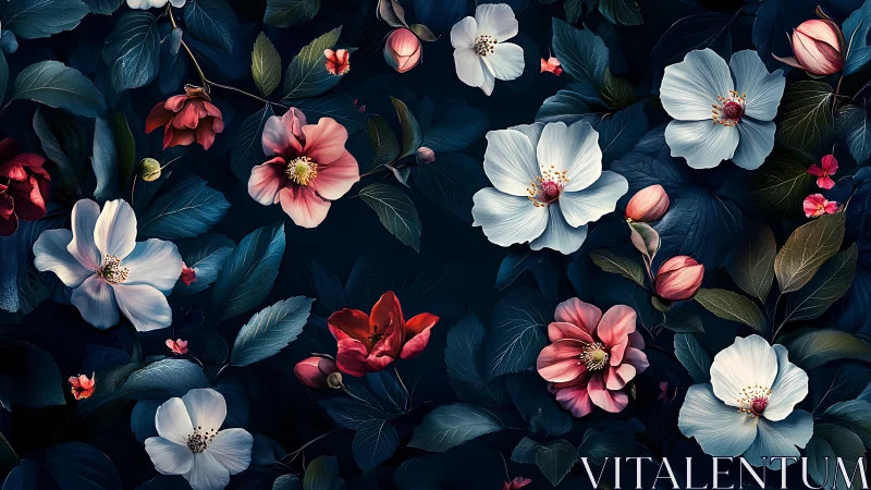 Dark Floral Tapestry: Botanical Composition with Layered Color Harmony.