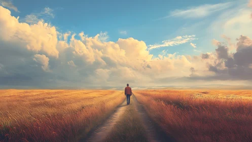 Solitary figure walks along rural dirt path through fields