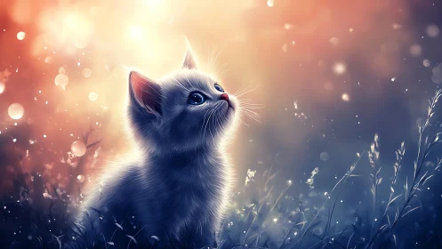 Luminous Kitten Gazes Upward Among Glowing Wildflowers